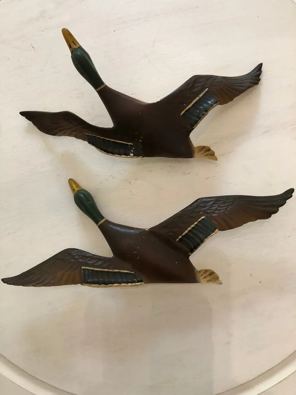 2 Vintage Metal Painted Mallard Ducks Wall Hanging Shelf sitting Decor